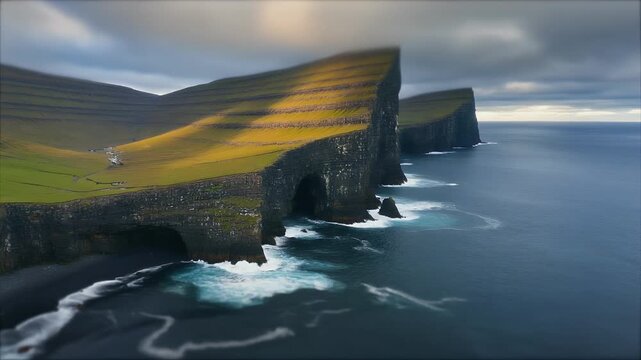 Dramatic coastal cliffs with green pastures and crashing waves under a cloudy sky.