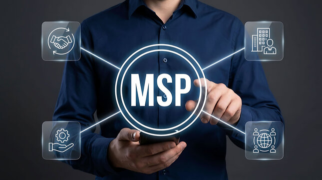 Businessman interacting with digital MSP technology interface and futuristic icons
