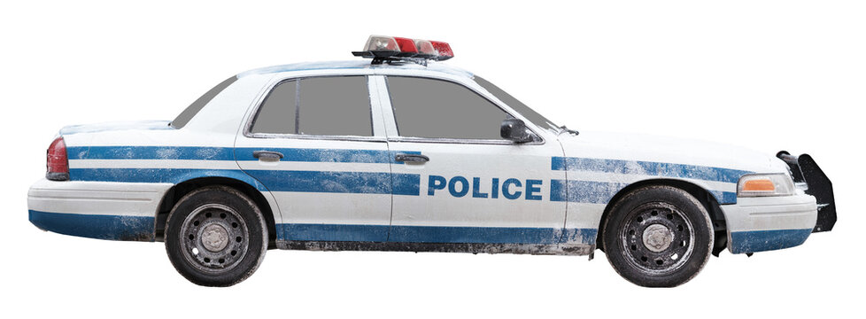Isolated Snow-Covered Police Car Side View