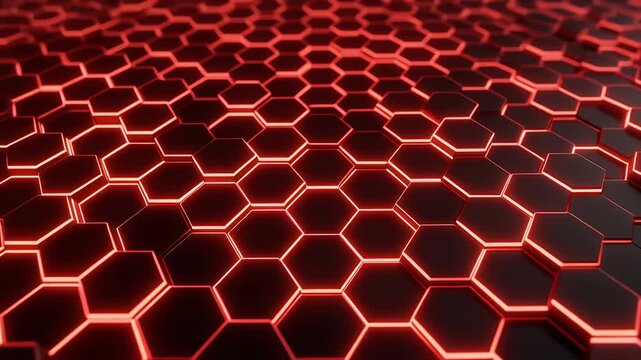 A seamless pattern of glowing red hexagons creating a futuristic, tech-inspired background.