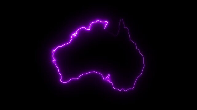 Glowing neon australia map outline, pulsing purple digital continent silhouette on black background 4K Motion video animation