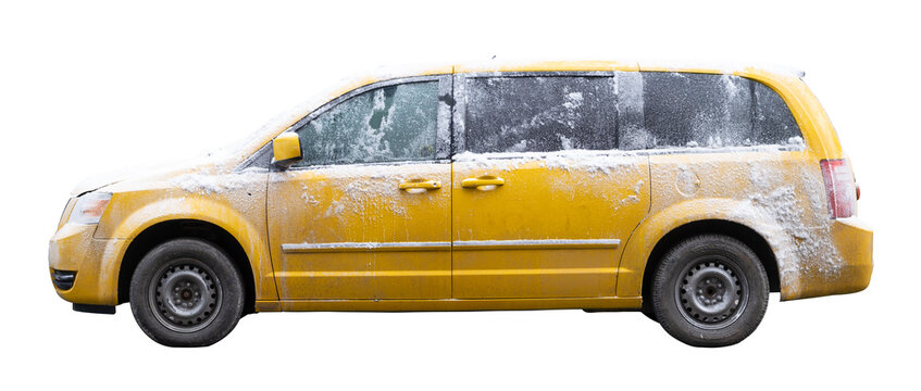 Isolated Snow-Covered Yellow Minivan Profile