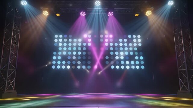 A stage with dramatic lighting and a large LED screen showing illuminated circles.