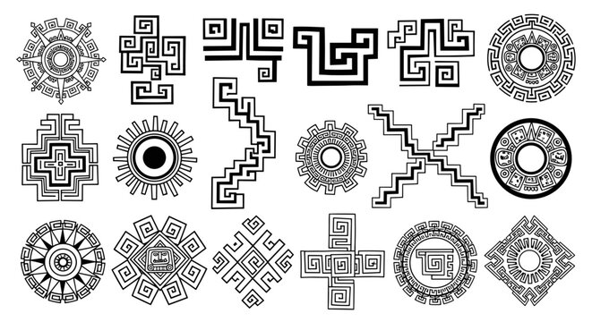 Peruvian Andean Border Pattern Set with Geometric Incan Symbols and Chakana Cross