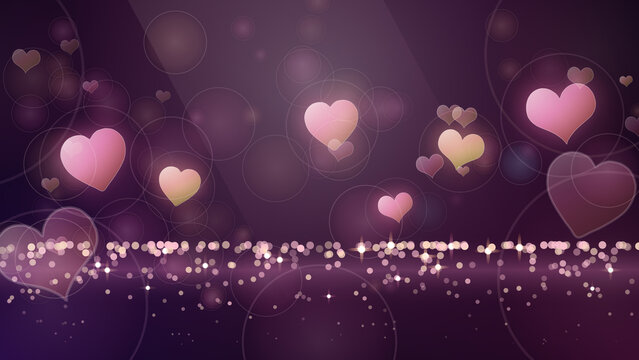 Dreamy purple background featuring floating glowing hearts and bokeh lights representing love and romance