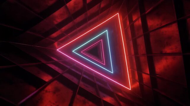 A mesmerizing tunnel of neon triangles in a vibrant futuristic corridor.