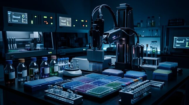 Automated robotic liquid handler processing samples in clinical laboratory