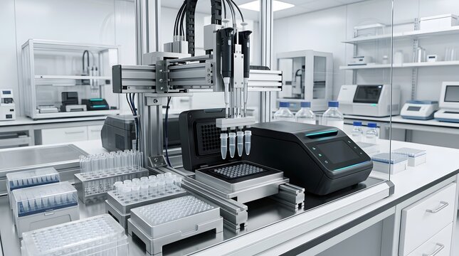 Automated liquid handling robot pipetting samples in a sterile lab