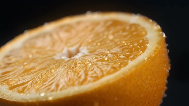Close-up of a vibrant orange slice covered in glistening water droplets.