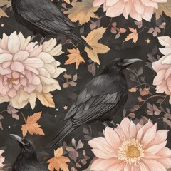 Obraz premium Black Ravens with Pink Flowers and Autumn Leaves on Dark Vintage Botanical Background, Seamless Pattern