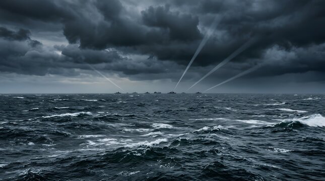 Naval fleet patrolling stormy ocean during dark weather