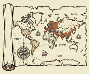 Vintage world map illustration on ancient parchment scroll with compass and sailing ships © Heyuu Art