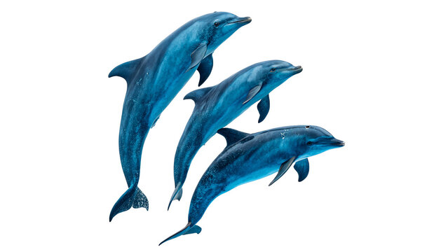 Three beautiful blue dolphins jumping gracefully together isolated on transparent background