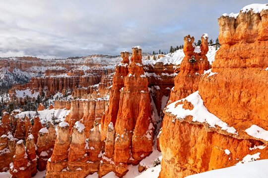 Snow-covered hoodoos and red rock formations in a winter landscape