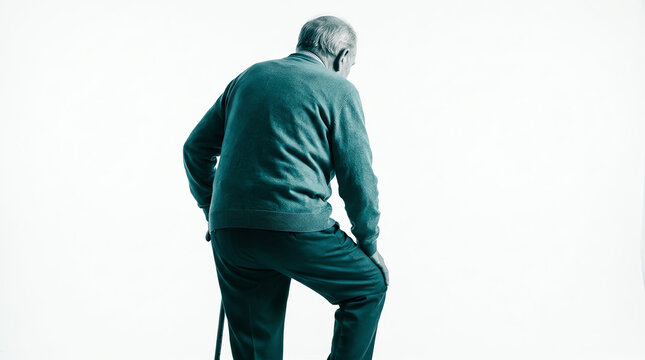 Elderly Man Bends Knee Holding Cane in Studio