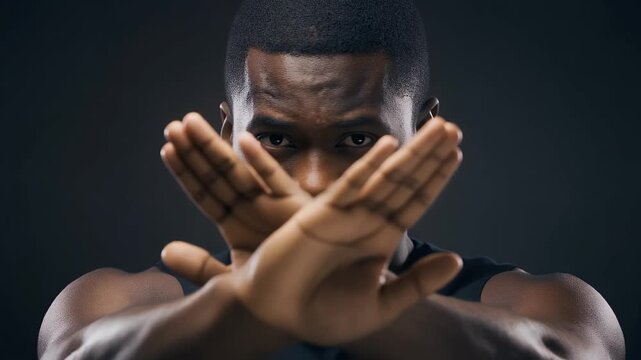 Man making an X sign with his hands in front of his face.