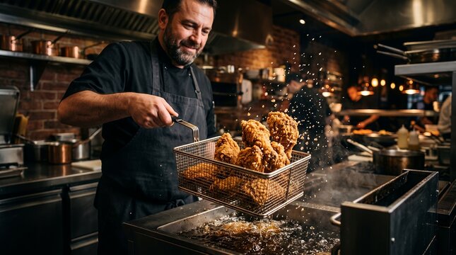 Chef holding a wire basket filled with crispy fried chicken legs inside a restaurant kitchen.