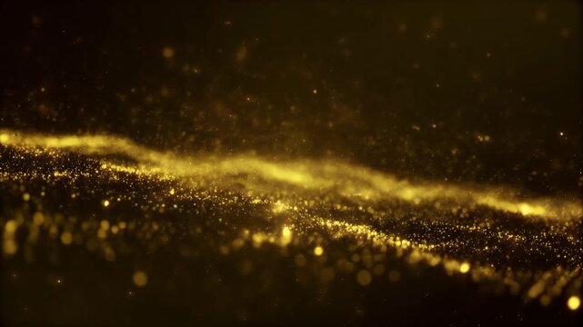 Golden particles flowing like a wave against a dark background.