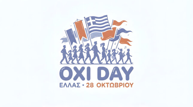 Oxi day illustration with people marching holding greek flags celebrating holiday October 28.