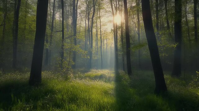Sunbeams illuminate a misty forest floor with lush green grass and trees.