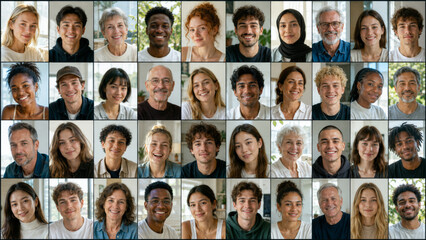 Obraz premium Diverse group of smiling people of different ages and backgrounds shown in a grid of friendly individual portraits