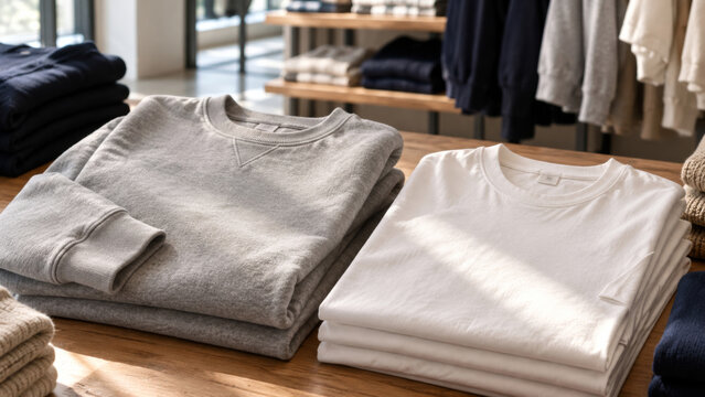 Neatly folded sweatshirts and T-shirts displayed on a wooden table inside a modern minimalist clothing store