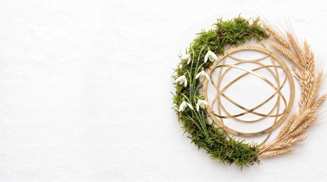 Minimalist sacred geometry circle with brass astronomical rings snowdrops moss and wheat on white linen, Vernal Spring Equinox balance concept with high key background copy space for banner design