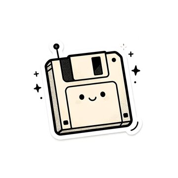Cute Retro Floppy Disk Character &ndash; Playful Line Art Sticker Illustration
