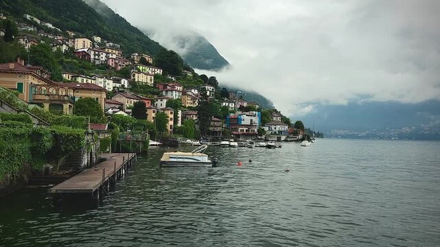 Lake Como, Moltrasio, Italy. Tranquil lake scene with boats floating gently, framed by green mountains and overcast skies after rain