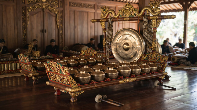 Traditional Indonesian gamelan orchestra ensemble featuring carved wooden bonang gongs and hanging gong inside a wooden joglo pavilion