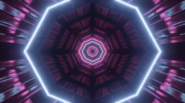 Triptych of neon-lit geometric tunnels with varying color schemes.