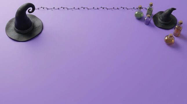 Spooky Halloween witch hats and magic potions on purple background
