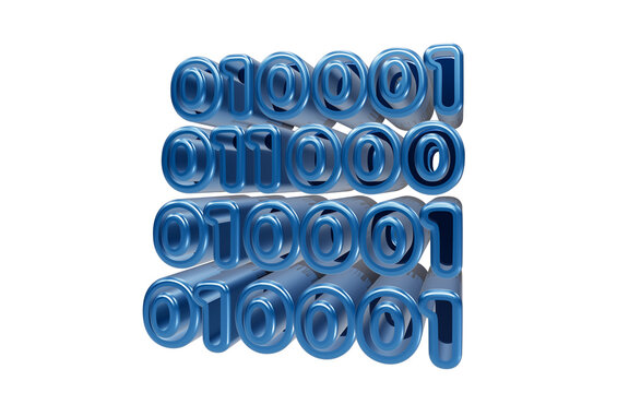 Binary Code Typography: Three-dimensional blue digital text, formed by binary digits, represents the essence of technology and data.