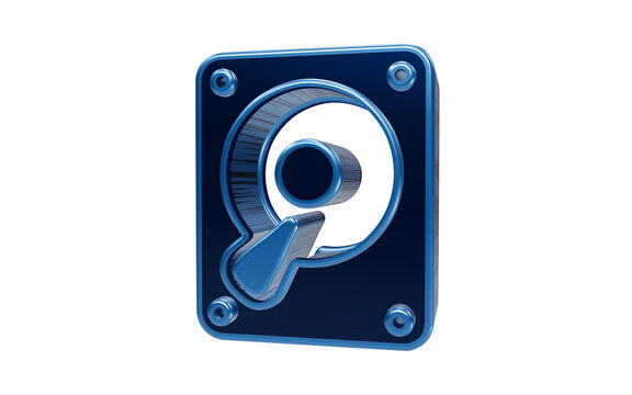 3D Render of Hard Drive Icon: A metallic blue 3D icon representing a hard disk drive, symbolizing data storage and digital information.