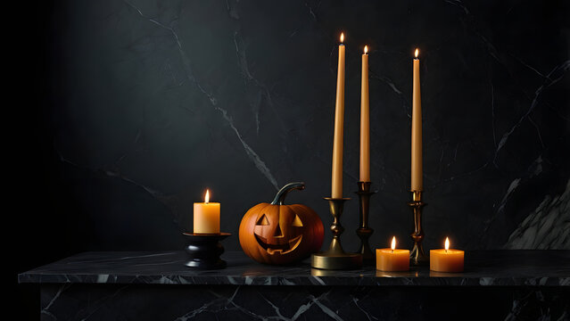 Moody Halloween still life with pumpkin and candles