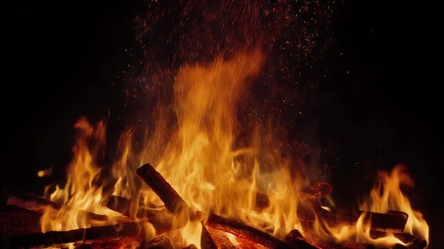 Fiery dance of embers and logs in a close-up abstract view.