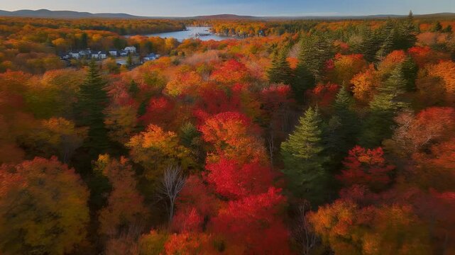 Aerial view of a vibrant forest during autumn showcasing a spectrum of red, orange, and yellow leaves.