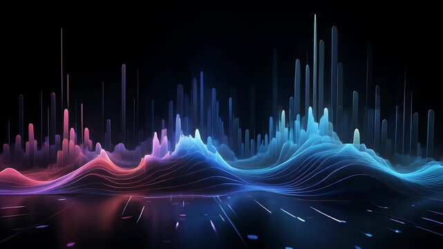 Abstract digital sound wave visualization with vibrant neon colors against a dark background.