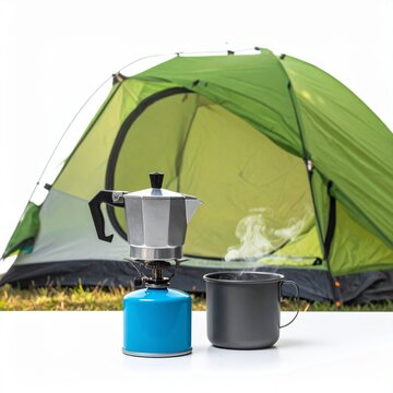 A refreshing morning scene featuring a portable moka pot brewing hot coffee with steam next to a camping mug in front of a green tent outdoors.