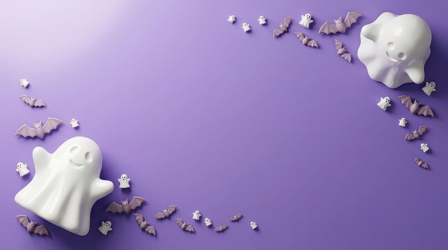 Little white ghost figurines and small bats on a vibrant purple background