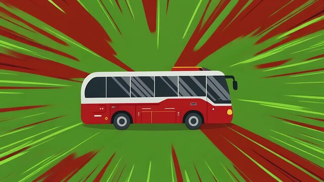 Three panels depict a red and white bus in motion against a dynamic, abstract background.