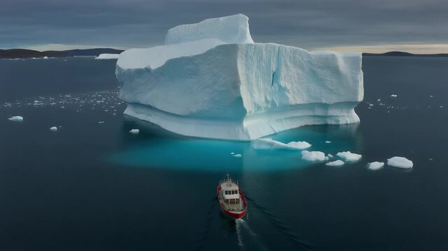A small boat navigates the waters near a massive iceberg.