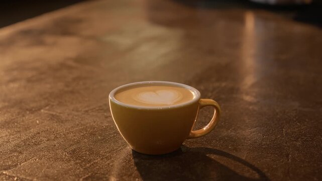 Barista sliding cup of hot cappuccino with heart latte art onto counter. Visual suitable for cafe commercials, breakfast menus, and hospitality advertising