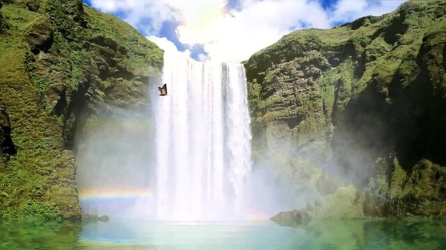 majestic waterfall cascades down steep, moss covered cliffs into crystal clear pool below. Sunlight shines through mist, vivid rainbow that enhances scene natural beauty and tranquil power. river flow