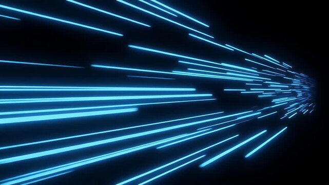 A perspective view of a tunnel of bright blue light streaks against a dark background.