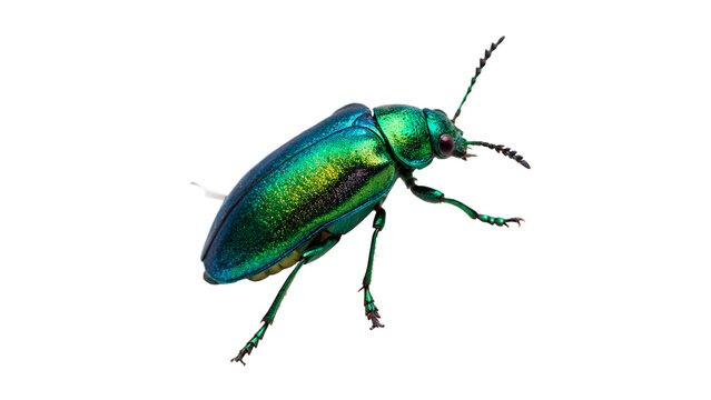Shiny vibrant green metallic beetle insect crawling isolated on transparent background