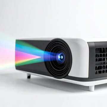 A modern digital projector emitting a vibrant rainbow spectrum beam isolated on a clean white background representing cinema and presentation tech.