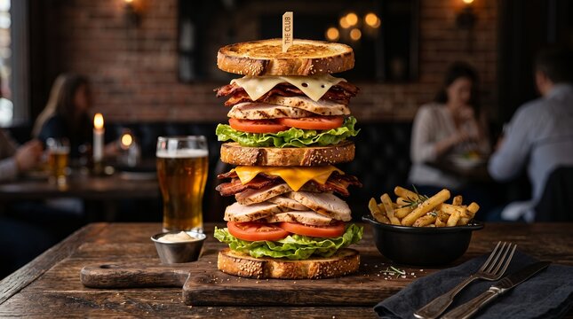 Gourmet club sandwich stacked high with french fries in a dim pub setting.