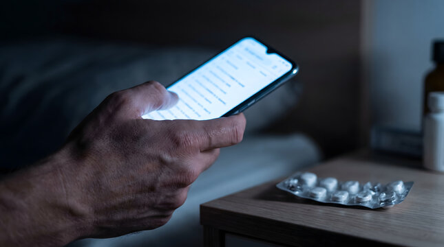 Anxious person scrolling medical forum on smartphone at 2 am with pills on nightstand dealing with hypochondria