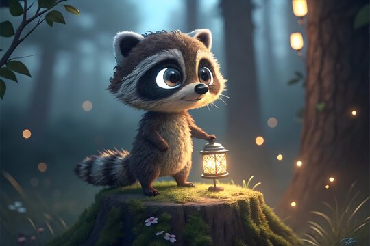 Cartoon raccoon holding a lantern in a magical forest at night